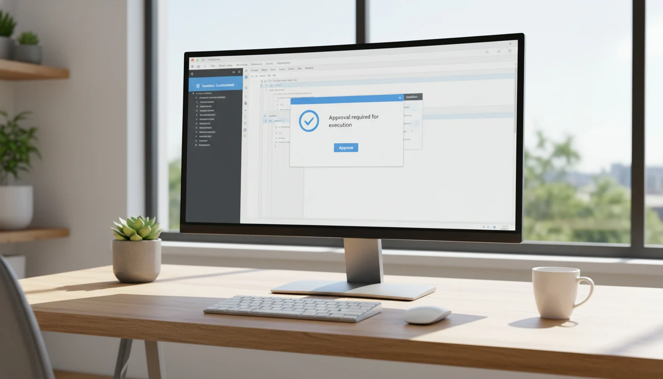 Bright developer workstation: AI agent terminal with sandbox and approval step as guardrails